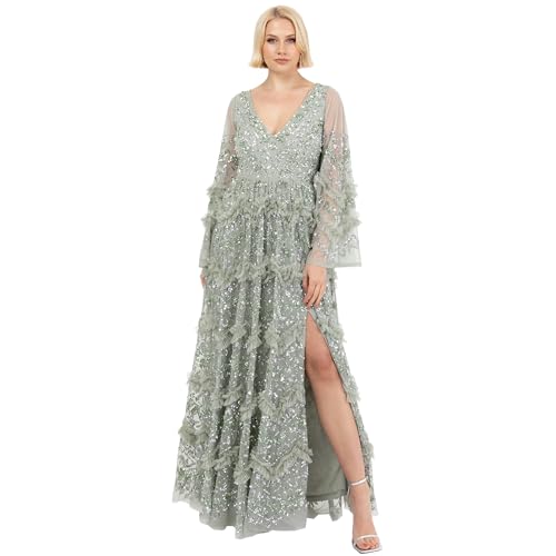 Maya Deluxe Damen Ladies Womens Maxi Dress V Neckline Sequin with Ruffle Empire Waist Slit Split for Prom Ball Bridesmaid Wedding Guest Kleid, Grüne Lilie, 44 von Maya Deluxe