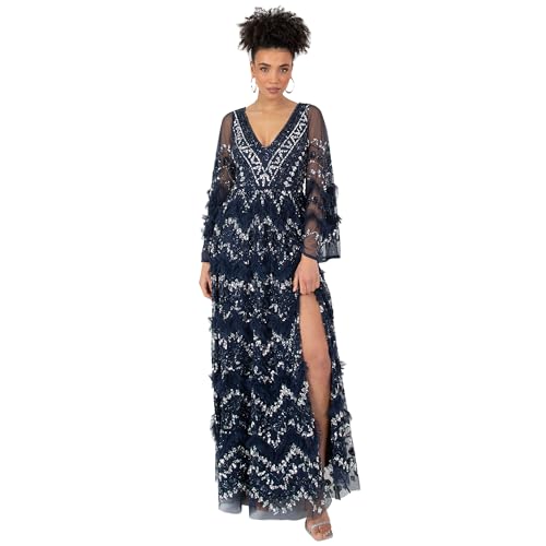 Maya Deluxe Damen Ladies Womens Maxi Dress V Neckline Sequin with Ruffle Empire Waist Slit Split for Prom Ball Bridesmaid Wedding Guest Kleid, Navy, von Maya Deluxe