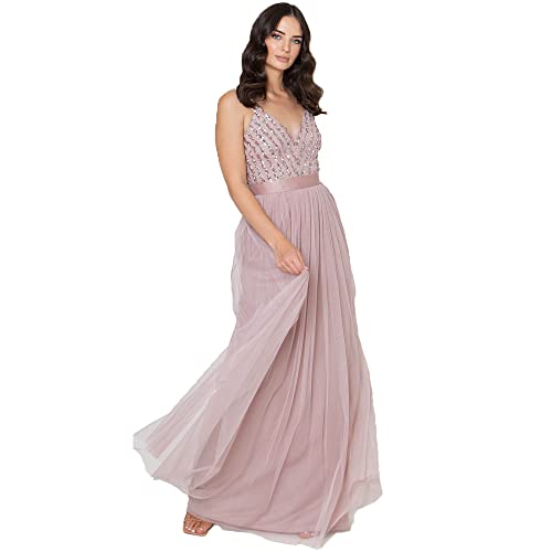 Maya Deluxe Damen Maxi Abendkleid Elegant Für Hochzeit Mit V-ausschnitt Tüllkleid Schleife Brautjungfernkleid, Frosted Pink, 36 EU von Maya Deluxe