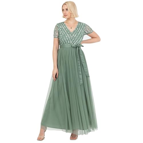 Maya Deluxe Damen Maxi Dress for Women Ladies Bridesmaid V-Neck Ball Gown Short Sleeves Long Elegant Empire Waist Wedding Brautjungfernkleid, Tiefes Minzgrün, 42 von Maya Deluxe