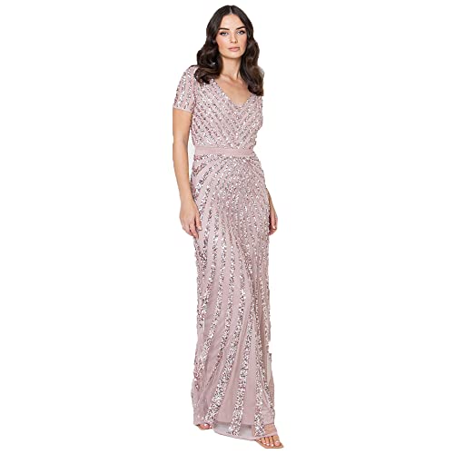 Maya Deluxe Damen Maxi Dames Dames Geborduurd Sequin Jurk Lange Korte Mouwen V-hals Hoge Empire Taille Cut Shiny Pro Brautjungfernkleid, Frosted Pink, 50 EU von Maya Deluxe