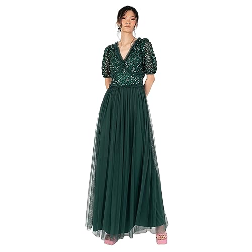 Maya Deluxe Damen Maxi Dress Ladies V-Neck Short Sleeve Sequin Embellished Tulle Ruffle for Wedding Guest Bridesmaid Ball Gown Kleid, Emerald Green,44 von Maya Deluxe