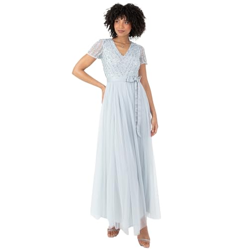 Maya Deluxe Damen Maxi Dress for Women Ladies Bridesmaid V-Neck Ball Gown Short Sleeves Long Elegant Empire Waist Wedding Brautjungfernkleid, Eisblau, 52 von Maya Deluxe