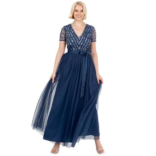 Maya Deluxe Damen Maxi Dress for Women Ladies Bridesmaid V-Neck Ball Gown Short Sleeves Long Elegant Empire Waist Wedding Brautjungfernkleid, French Navy, 48 von Maya Deluxe