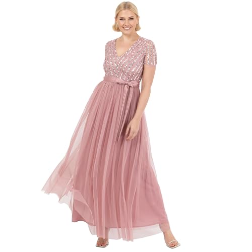 Maya Deluxe Damen Maxi Dress for Women Ladies Bridesmaid V-Neck Ball Gown Short Sleeves Long Elegant Empire Waist Wedding Brautjungfernkleid, Vinatge Rose, 46 von Maya Deluxe