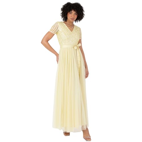 Maya Deluxe Damen Maxi Dress for Women Ladies Bridesmaid V-Neck Ball Gown Short Sleeves Long Elegant Empire Waist Wedding Brautjungfernkleid, Zitronengelb, 54 von Maya Deluxe