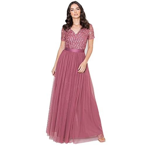 Maya Deluxe Damen Maya Deluxe Maxi Dress for Women Ladies Bridesmaid V-neck Plus Size Ball Gown Short Sleeves Long Ele Brautjungfernkleid, Desert Rose, 40 EU von Maya Deluxe