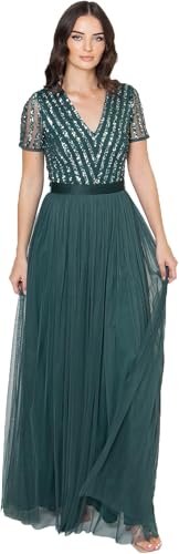 Maya Deluxe Damen Maya Deluxe Maxi Dress for Women Ladies Bridesmaid V-neck Plus Size Ball Gown Short Sleeves Long Ele Brautjungfernkleid, Emerald Green, 40 EU (12 UK) von Maya Deluxe