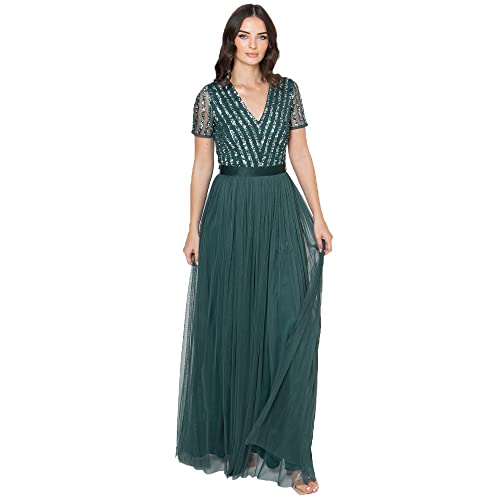 Maya Deluxe Damen Maya Deluxe Maxi Dress for Women Ladies Bridesmaid V-neck Plus Size Ball Gown Short Sleeves Long Ele Brautjungfernkleid, Emerald Green, 52 EU von Maya Deluxe