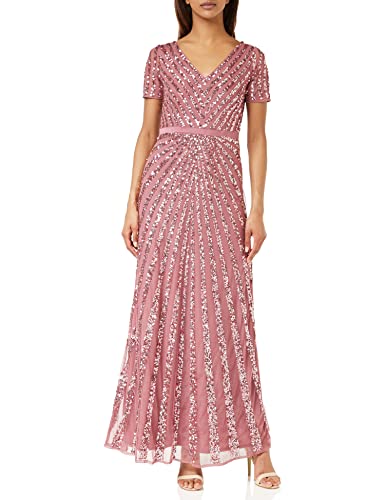 Maya Deluxe Damen Maxi Womens Ladies Embellished Sequin Dress Long Short Sleeve V Neck High Empire Waist A Cut Shiny Prom Wedding Brautjungfernkleid, Desert Rose, 34 von Maya Deluxe