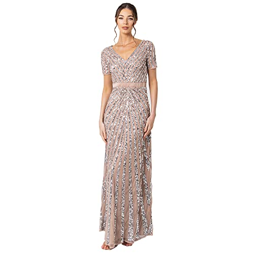 Maya Deluxe Damen Maxi kvinder damer polstret sequin kjole lang kortærmet V-hals høj empire talje skåret skinnende Brautjungfernkleid, Taupe, 54 EU von Maya Deluxe