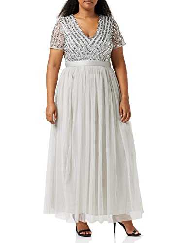 Maya Deluxe Damen Maxikleid Brautjungfer V-Ausschnitt Ballkleid Kurze Ärmel Lang Elegant Empire Taille Hochzeit Kleid, Soft Grey, 48 EU von Maya Deluxe