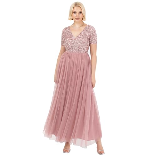 Maya Deluxe Damen-Maxikleid mit V-Ausschnitt, verziert, V-Ausschnitt, Kurze Ärmel, Empire-Taille, Abschlussball, Abschlussfeier, Brautjungfer, Hochzeitsgast, Rose, Größe 6, Vintage Rosenmuster, 32 von Maya Deluxe