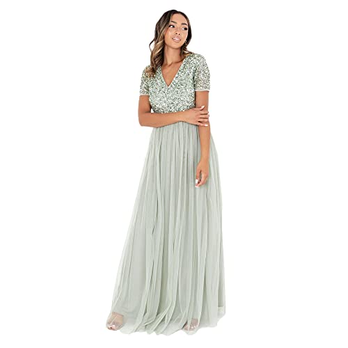 Maya Deluxe Damen Maxikleid mit V-Ausschnitt, verziert, V-Ausschnitt, kurze Ärmel, Empire-Taille, Abschlussfeier, Brautjungfer, Hochzeitsgäst, Grün, 40 EU von Maya Deluxe