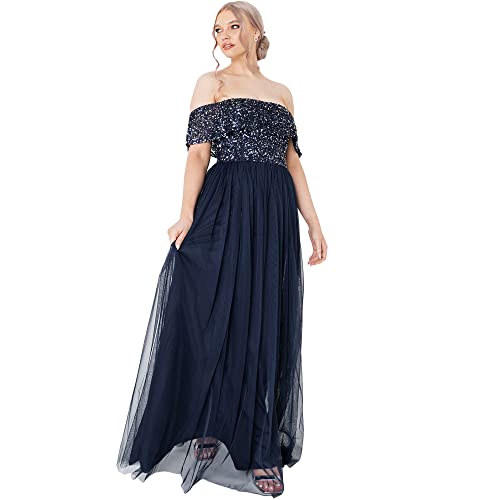 Maya Deluxe Damen Maya Bardot Versierd Maxi Jurk Brautjungfernkleid, Navy, 56 EU von Maya Deluxe