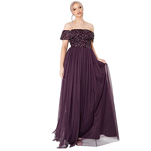 Maya Deluxe Damen Maya Berry Bardot Versierd Maxi Jurk Brautjungfernkleid, Berry, 40 EU Maya Deluxe Damen Maya Berry Bardot Versierd Maxi Jurk Brautjungfernkleid, Berry, 40 EU von Maya Deluxe