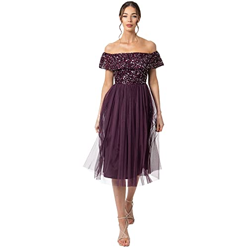 Maya Deluxe Damen Maya Deluxe Bardot Embellished Midi Bridesmaid Dress, Berry, Gr. 38 EU von Maya Deluxe