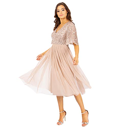 Maya Deluxe Damen Maya Deluxe Damen Midi Abendkleid Cocktailkleid Abschlussball V-ausschnitt Kurze Ärmel Tüllkleid Ele Bridesmaid Dress, Gold, 50 EU von Maya Deluxe
