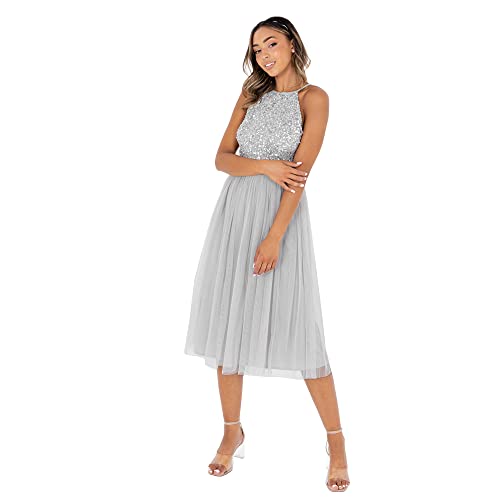 Maya Deluxe Damen Maya Deluxe Dames Dames Midi Jurk Met Beugel Nek Tulle Voor Avondstuderen Prom Bruiloft Bruidsmaids Brautjungfernkleid, Soft Grey, 56 EU von Maya Deluxe