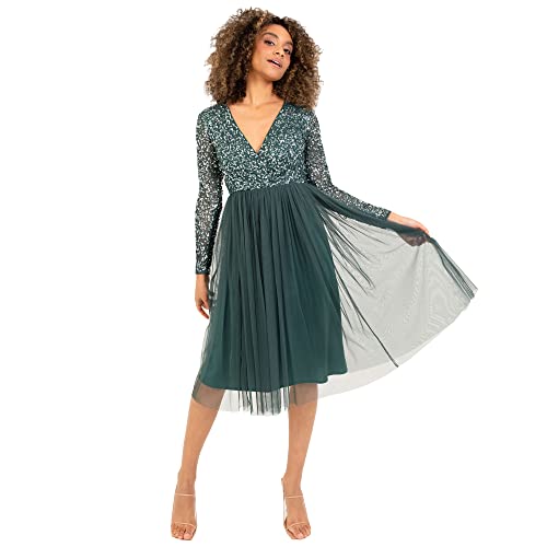 Maya Deluxe Damen Maya Deluxe Dames Dames Wedding Guest Midi Jurk Lange Mouwen Plunging Hals Sequin Embellished Gradua Brautjungfernkleid, Emerald Green, 36 EU von Maya Deluxe