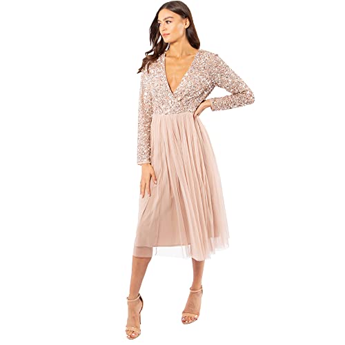 Maya Deluxe Damen Maya Deluxe Dames Wedding Guest Midi Jurk met lange mouwen en V-hals V-hals Brautjungfernkleid, Taupe Blush, 28 EU von Maya Deluxe
