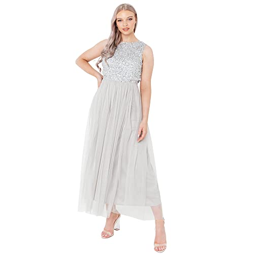 Maya Deluxe Vrouwen Midaxi Jurk Dames Mouwloze Pailletten Hoge Empire Taille Tule Versierd voor Bruiloft Gast Bal Bruidsmeisje, Bessen, 46 von Maya Deluxe