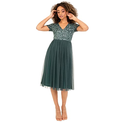 Maya Deluxe Damen Maya Deluxe Embellished Midi Evening Dress For Women Ladies V Neckline With Short Sleeve For Prom We Brautjungfernkleid, Emerald Green, 36 EU von Maya Deluxe