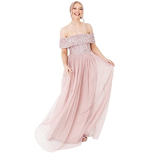 Maya Deluxe Damen Maya Deluxe Frosted Pink Bardot Embellished Maxi Bridesmaid Dress, Frosted Pink, 46 EU von Maya Deluxe