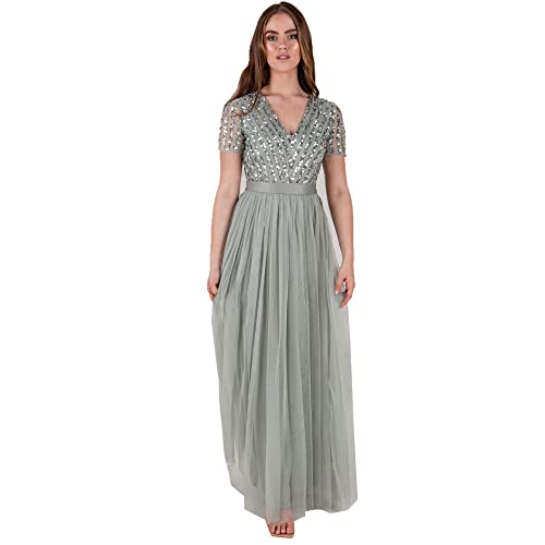 Maya Deluxe Damen Maya Deluxe Green Lily Short Sleeve Stripe Maxi Bridesmaid Dress, Green Lily, 56 EU von Maya Deluxe