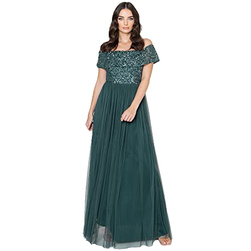 Maya Deluxe Damen Maya Deluxe Ladies Bardot For Women Maxi Embellished Hight Empire Waist Sleveless Tulle For We Bridesmaid Dress, Emerald Green, 52 EU von Maya Deluxe