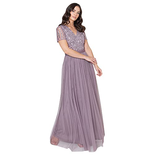 Maya Deluxe Damen Maya Deluxe Maxi Dress for Women Ladies Braidesmaid V-neck Plus Size Ball Gown Short Sleeves Long El Brautjungfernkleid, Moody Lilac, 50 EU von Maya Deluxe