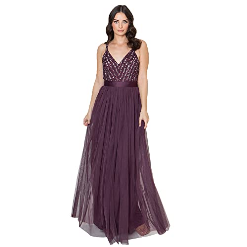 Maya Deluxe Damen Maya Deluxe Maxi Evening Dress Women's Elegant for Wedding With V-neck Tulle Dress Women's With Bow Brautjungfernkleid, Berry, 52 EU von Maya Deluxe