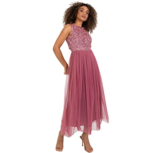 Maya Deluxe Vrouwen Midaxi Jurk Dames Mouwloze Pailletten Hoge Empire Taille Tule Versierd voor Bruiloft Gast Bal Bruidsmeisje, Bessen, 32 von Maya Deluxe