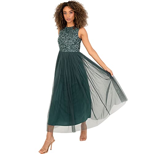 Maya Deluxe Damen Maya Deluxe Midaxi Dress For Women Ladies Sleeveless Sequins High Empire Waist Tulle Embellished For Brautjungfernkleid, Emerald Green, 54 EU von Maya Deluxe