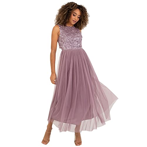 Maya Deluxe Vrouwen Midaxi Jurk Dames Mouwloze Pailletten Hoge Empire Taille Tule Versierd voor Bruiloft Gast Bal Bruidsmeisje, Bessen, 48 von Maya Deluxe