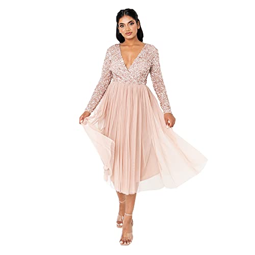 Maya Deluxe Damen Maya Deluxe Midi Elegant Hochzeit Ärmel Tiefer V Ausschnitt Pailletten Cocktailkleid Abschlussball Bridesmaid Dress, Taupe Blush, 36 EU (Herstellergröße: 8) von Maya Deluxe