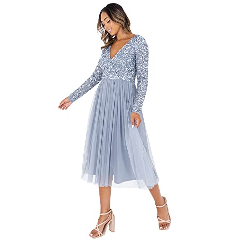 Maya Deluxe Damen Maya Deluxe Midi Elegant Wedding Sleeves Deep V Neck Sequins Cocktail Prom Bridesmaid Dress, Dusty Blue, 38 EU von Maya Deluxe