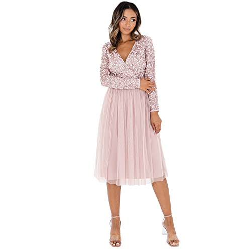 Maya Deluxe Damen Maya Deluxe Midi Elegant Wedding Sleeves Deep V Neck Sequins Cocktail Prom Bridesmaid Dress, Frosted Pink, 34 EU von Maya Deluxe