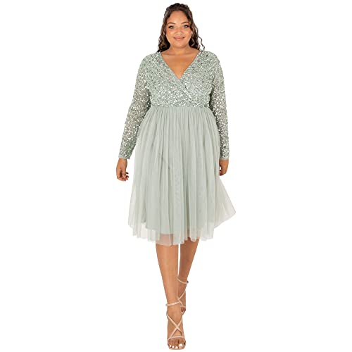 Maya Deluxe Damen Maya Deluxe Midi Elegant Wedding Sleeves Deep V Neck Sequins Cocktail Prom Bridesmaid Dress, Green Lily, 36 EU von Maya Deluxe