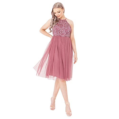 Maya Deluxe Damen Maya Deluxe Midi-jurk voor dames, met houder, halstule evenement afstuderen, gala, bruiloft, Brautjungfernkleid, Desert Rose, 44 EU von Maya Deluxe