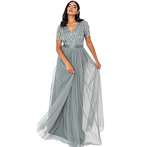 Maya Deluxe Damen Maya Deluxe Misty Groene korte mouwen Streep Maxi Jurk Bridesmaid Dress, Misty Green, 38 EU von Maya Deluxe