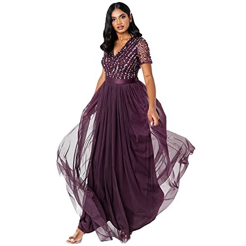 Maya Deluxe Damen Maya Deluxe Stripe Embellished Maxi With Sash Belt Bridesmaid Dress, Berry, 34 EU von Maya Deluxe