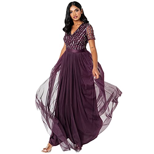 Maya Deluxe Damen Maya Deluxe Women's Maxi Ladies V-neck Plus Size Ball Gown Short Sleeves Long Elega Bridesmaid Dress, Berry, 50 EU von Maya Deluxe