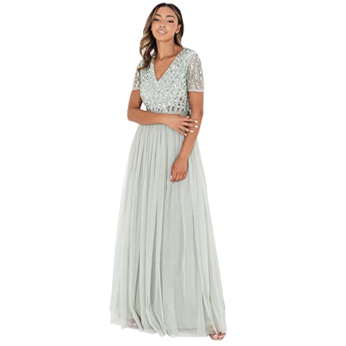 Maya Deluxe Damen Maya Deluxe Stripe Embellished Maxi With Sash Belt Bridesmaid Dress, Green Lily, 34 EU von Maya Deluxe