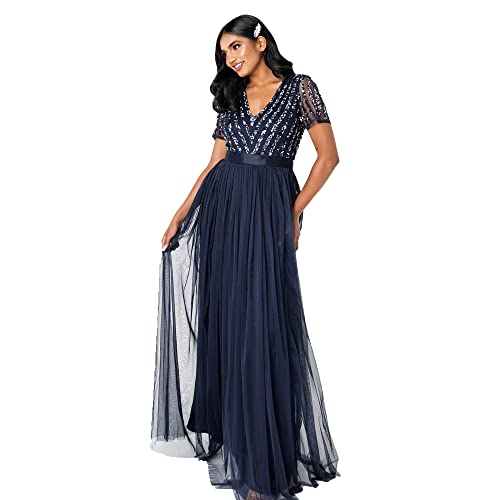 Maya Deluxe Damen Women's Maxi Ladies V-neck Plus Size Ball Gown Short Sleeves Long Elegant Empire Wa Bridesmaid Dress, Navy, 34 EU von Maya Deluxe