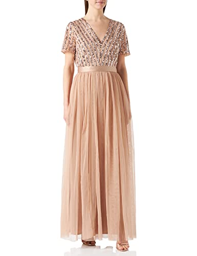 Maya Deluxe Damen Women's Maxi Ladies V-neck Plus Size Ball Gown Short Sleeves Long Elegant Empire Wa Bridesmaid Dress, Taupe Blush, 34 EU von Maya Deluxe