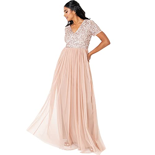 Maya Deluxe Damen Maya Deluxe Stripe Embellished Maxi With Sash Belt Bridesmaid Dress, Taupe Blush, 36 EU von Maya Deluxe