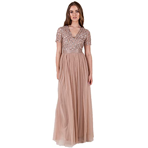 Maya Deluxe Damen Maya Deluxe Stripe Embellished Maxi With Sash Belt Bridesmaid Dress, Taupe Blush, 38 EU von Maya Deluxe