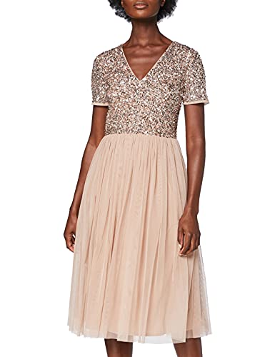 Maya Deluxe Damen Maya Deluxe Taupe Blush V-hals Versierd Midi Jurk Brautjungfernkleid, Taupe Blush, 54 Große Größen EU von Maya Deluxe