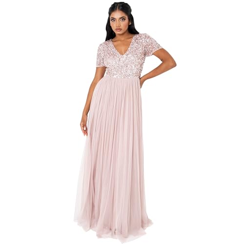 Maya Deluxe Damen Ballkleid Abendkleid V-ausschnitt Maxi Länge Pailletten Kurze Ärmel Für Hochzeit Geburtstag Brautjungfer Bridesmaid Dress, Frosted Pink, 56 EU von Maya Deluxe